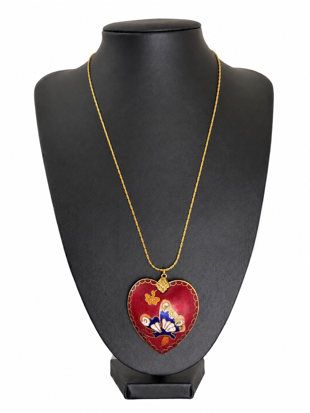 Vintage Cloisonné Puffy Heart Necklace Double Sided with Floral and Butterfly